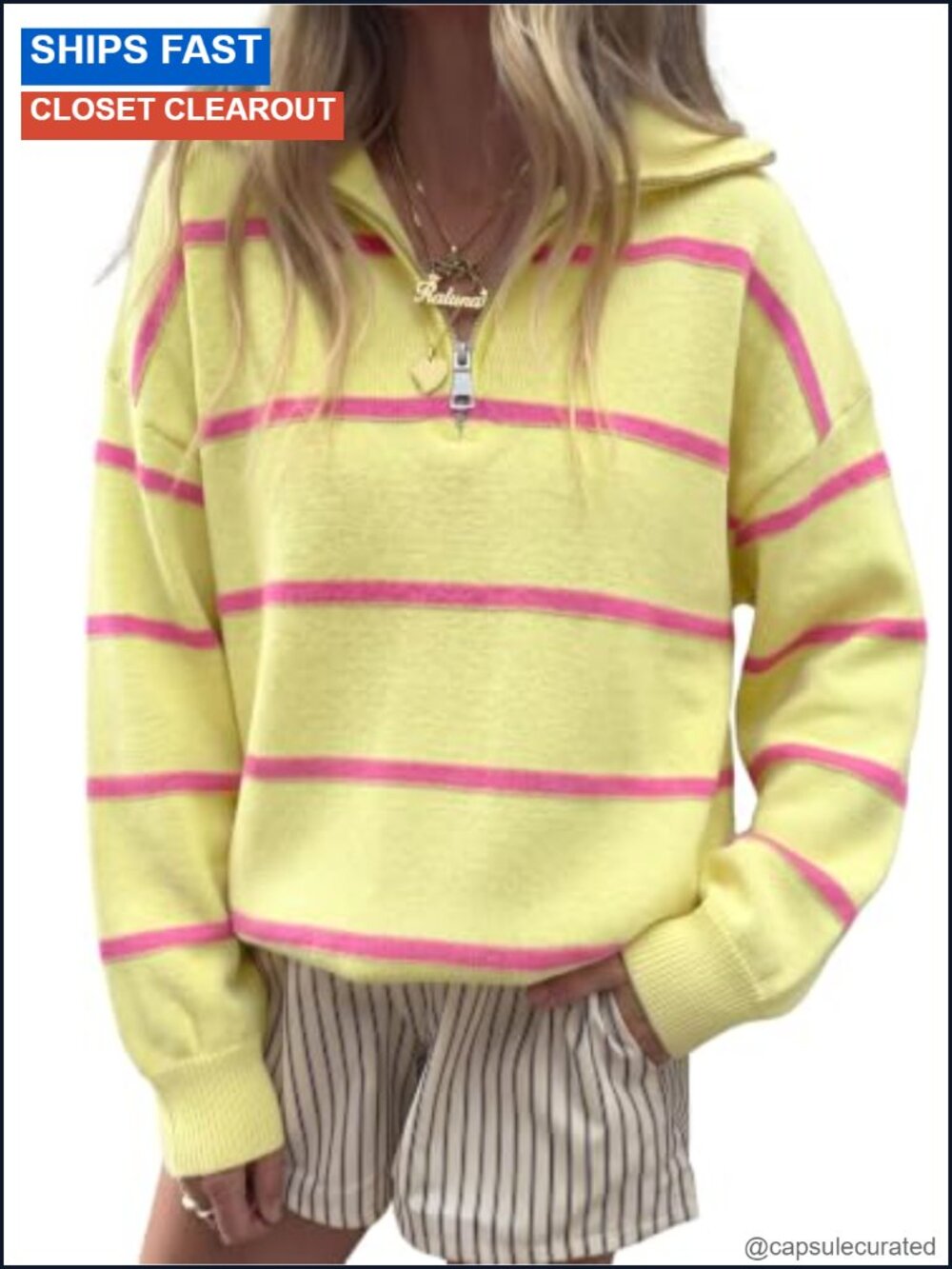 Quarter Zip Striped Sweater Oversized Mock Neck Pullover